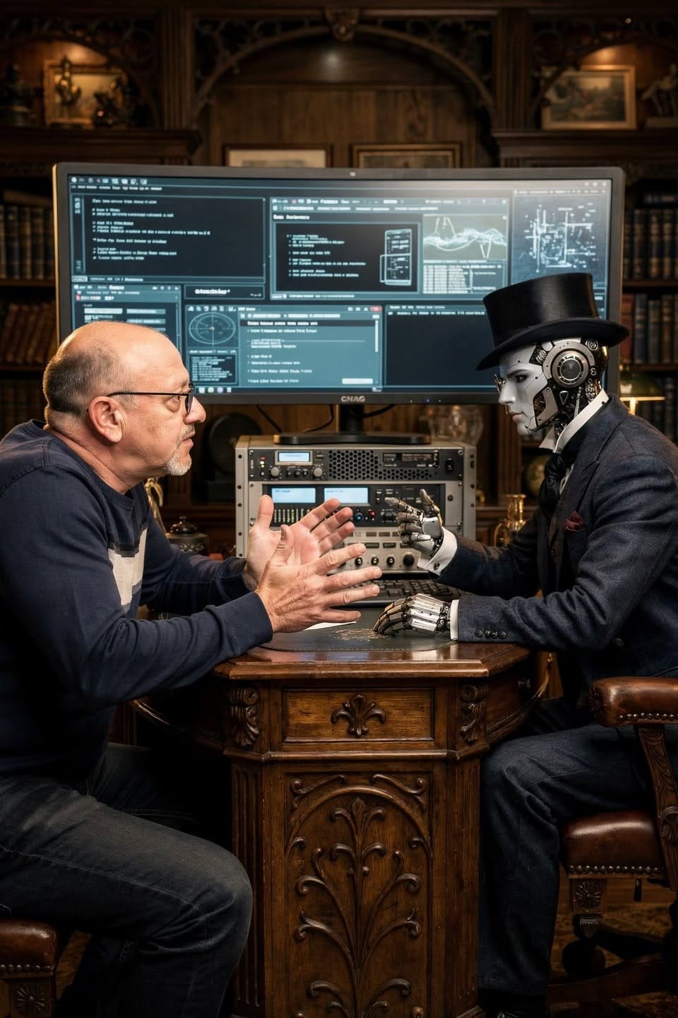 Medicul și Oscar — un robot cu joben, în ținută victoriană — stând de vorbă la un birou de lemn, în fața unui monitor
