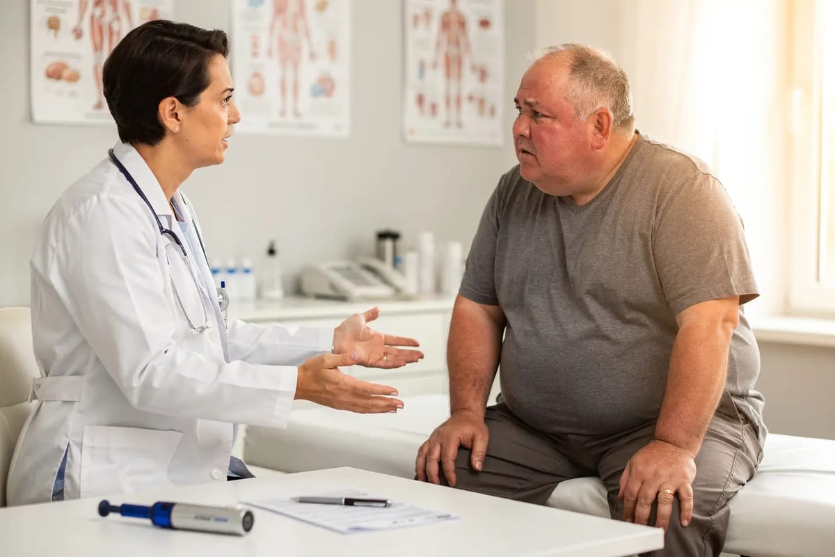 Pacient supraponderal în cabinet, în discuție cu medicul; pe masă, un stilou injector
